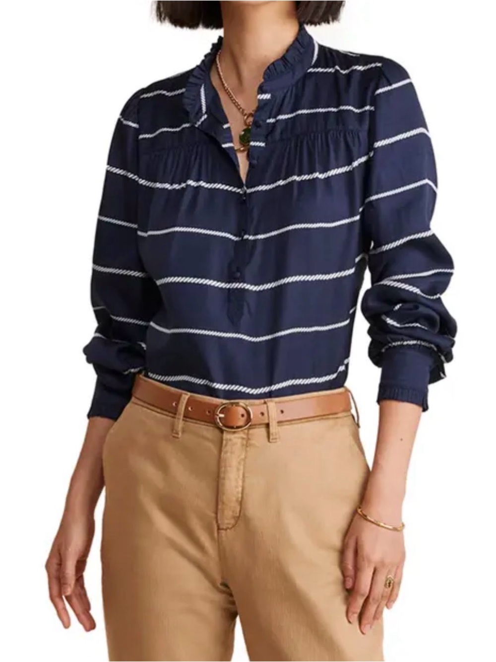 VINEYARD VINES Ruffle Collar Popover Top Rope‎ Stripe Navy White Women Small